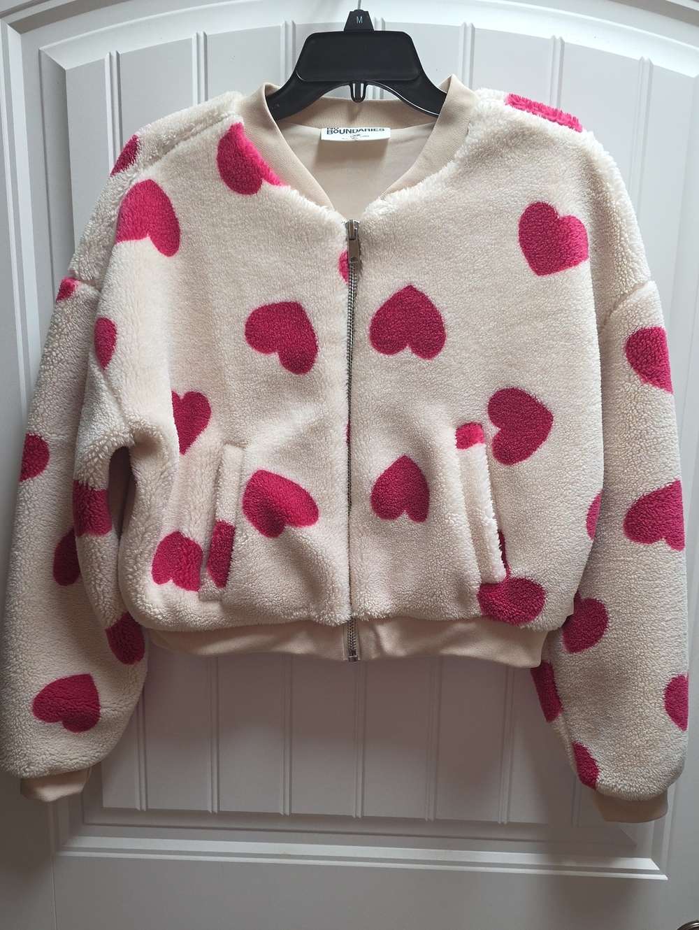 No Boundaries Cream Sherpa Bomber Jacket with Pink Heart Print.  Large Juniors